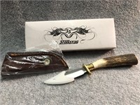 Steel Stag Handle knife with leather holder