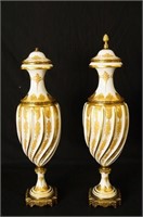 French porcelain urns w gold overlays and brass