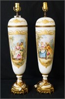 Pair French scenic porcelain portrait lamps