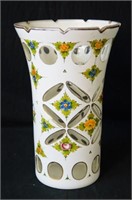 Bohemian glass vase w floral motif cut to clear