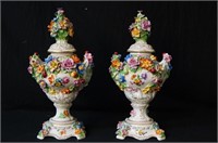 Dresden porcelain urns w lids - ornate pair