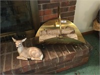 Brass Fireplace Log Holder & Ceramic Deer
