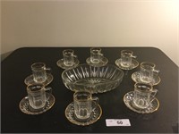 (8) Gold Rim Small Mugs & Plates & Oval Glass Bowl