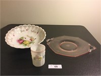 Pink Depression Platter, Milk Glass Tumbler & Rose