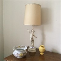 Cherub Lamp, Vintage Spittoon  & Yellow Vase