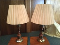 Pair Wood Lamps with Brass Detail