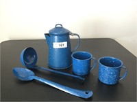 Blue Speckled Enamelware Coffee Pot, Cups & Utensi