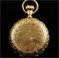 14kt Gold Illinois Watch Co Pictorial Pocket Watch