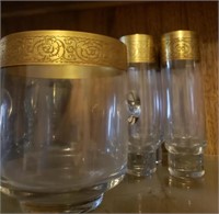 Gold Trimmed Glass Ice Bucket, 6 Glasses