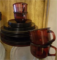 Red Glass Dishes, Cups, Etched " E"