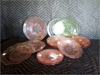 Light pink and green depression glass dishes