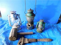 Lanterns, wooden maul, vintage monkey wrench