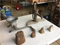 Vintage Grinder, Hand Water Pump & Bells
