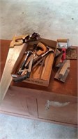 Box tools, handsaw, hammer, hand planer, cement