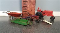 2 Auburn tractors, box scrapper, wheelbarrow