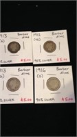4 early 1900 barber dimes