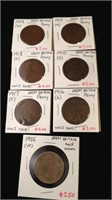 Six great Britain pennies and one great Britain