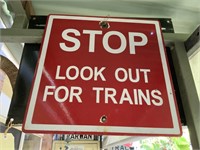 ENAMEL "STOP LOOK OUT FOR TRAINS" SIGN