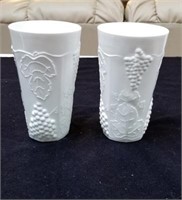 Pair of white milk glass glasses with grape and