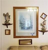 Grand grouping of wall decor including birds,
