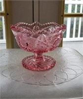 Radiant Pink etched glass footed bowl approx 6