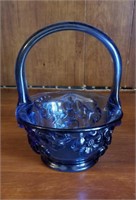 Dark blue glass basket with floral design approx 5