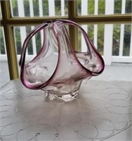 Unique purple & clear art glass basket approx 6