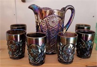 Imperial carnival glass pitcher & glasses
