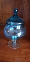 Delicate blue etched glass compote with lid