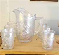 Lovely Opalescent carnival pitcher & glasses this