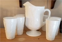 Beautiful White milk glasses & pitcher grape &