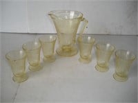 Vaseline Depression Glass Pitcher w/ 6 Cups