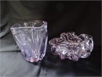 2 pcs, purple glass bowl 7” h x 5 ½” & vase 4” h x