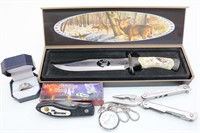 Collection of Decorative Buck Knife, Pocket Watch,