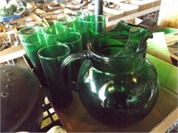 EMERALD-GREEN GLASS PITCHER W/ TEN(10) TUMBLERS