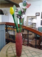 3 Blown Glass flowers and red vase