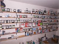 Back Wall of Paint Room:  Paints, Sealers, Towels,