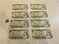 Suite de 8 billets de $1 Canadiens