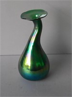 Tall Iridescent Green Hand Blown Glass Vase