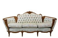 Carved and tufted brocade French style sofa