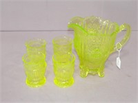 Vaseline Pitcher and Four Glasses