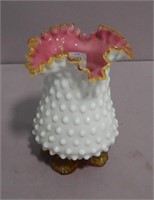 White Hobnail Ruffled Top Vase with Amber Trim