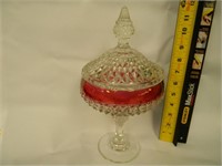 Red and Clear Glass Candy Dish 12" X 5 3/4"