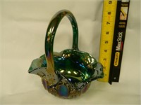 Green Carnival Glass Decrative Basket 8 1/2" X 7