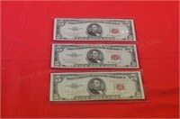(3) 1953 unc. Five Dollar Red Seal Notes