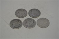 (5) Morgan Silver Dollars: 1879,81o,89,91o,00o