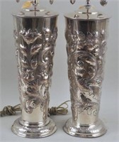 Pair Large Old Sheffield Silver Vases, As Lamps