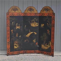 Asian Style Polychromed Wood Three Panel Screen