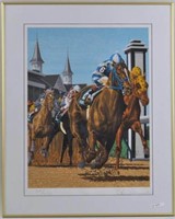 Signed Lithograph of Horse Racing, Churchill Downs