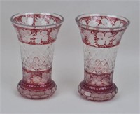 Pair Cranberry Cut/Clear Crystal Vases